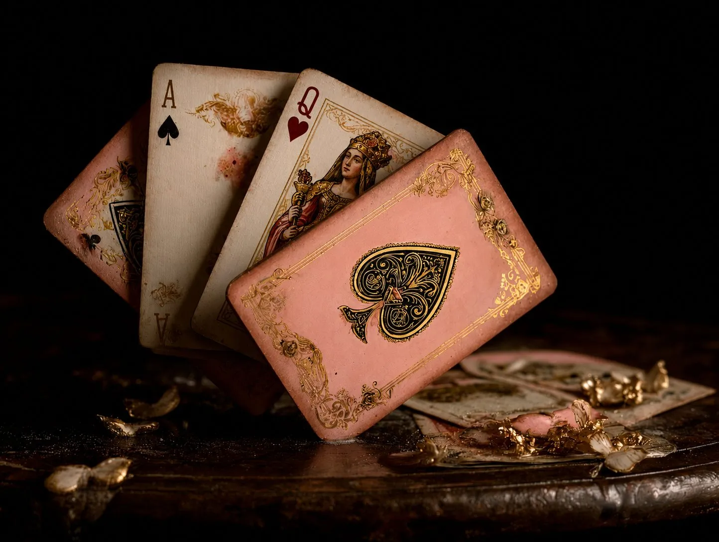 Antique playing cards, the ace of spades and queen of hearts, lit in gold