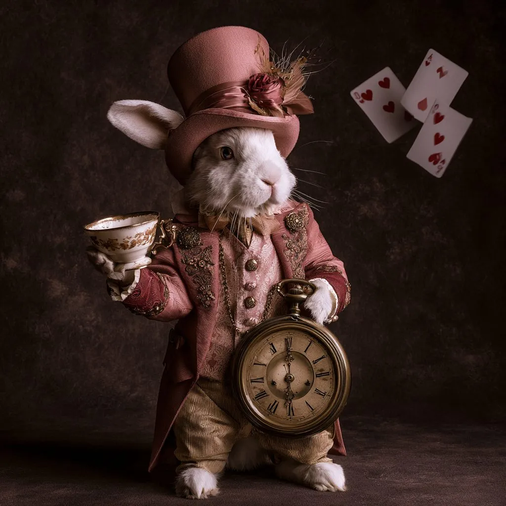 A rabbit in a pink coat holding a teacup and a pocket watch as cards fall around it