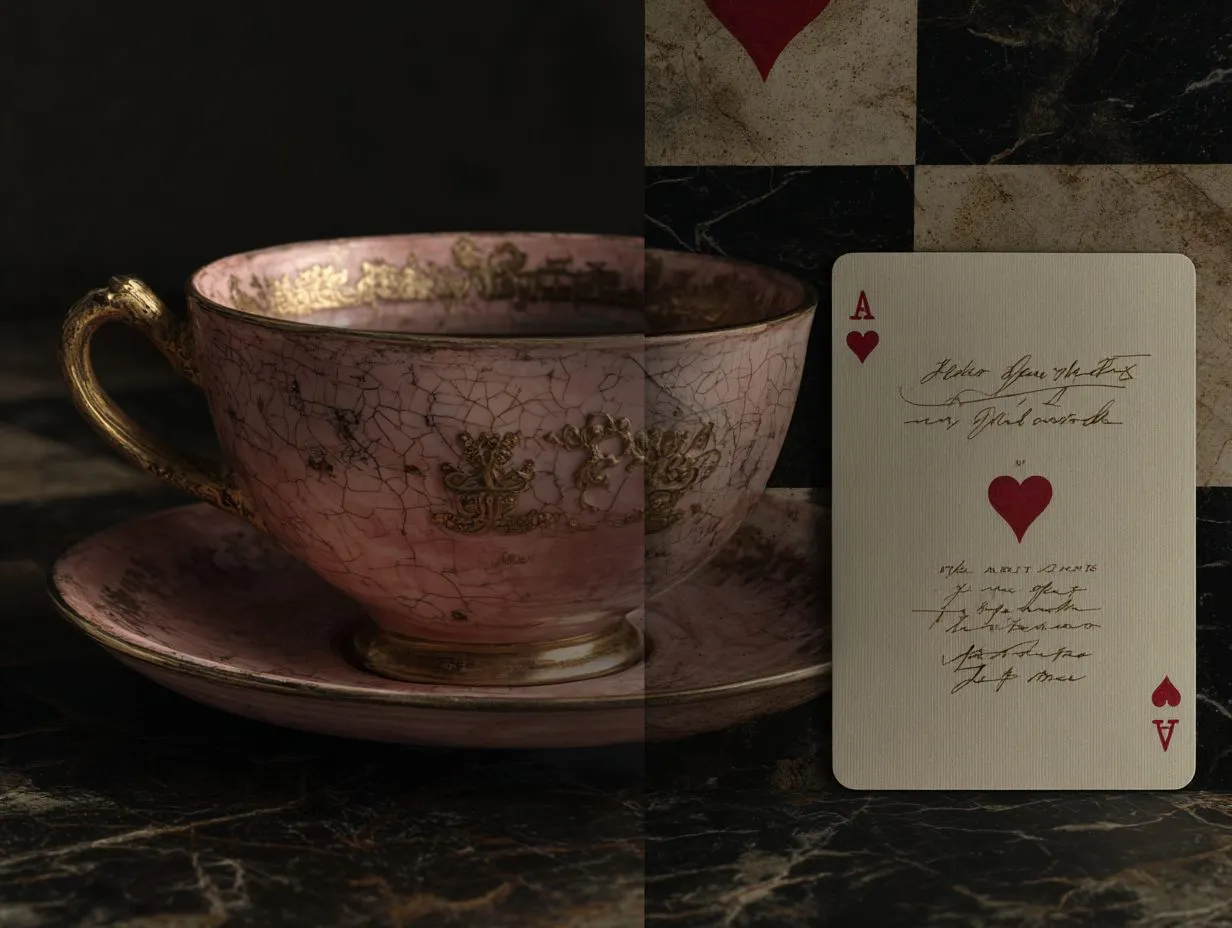 A pink and gold teacup beside a handwritten ace of hearts on dark marble