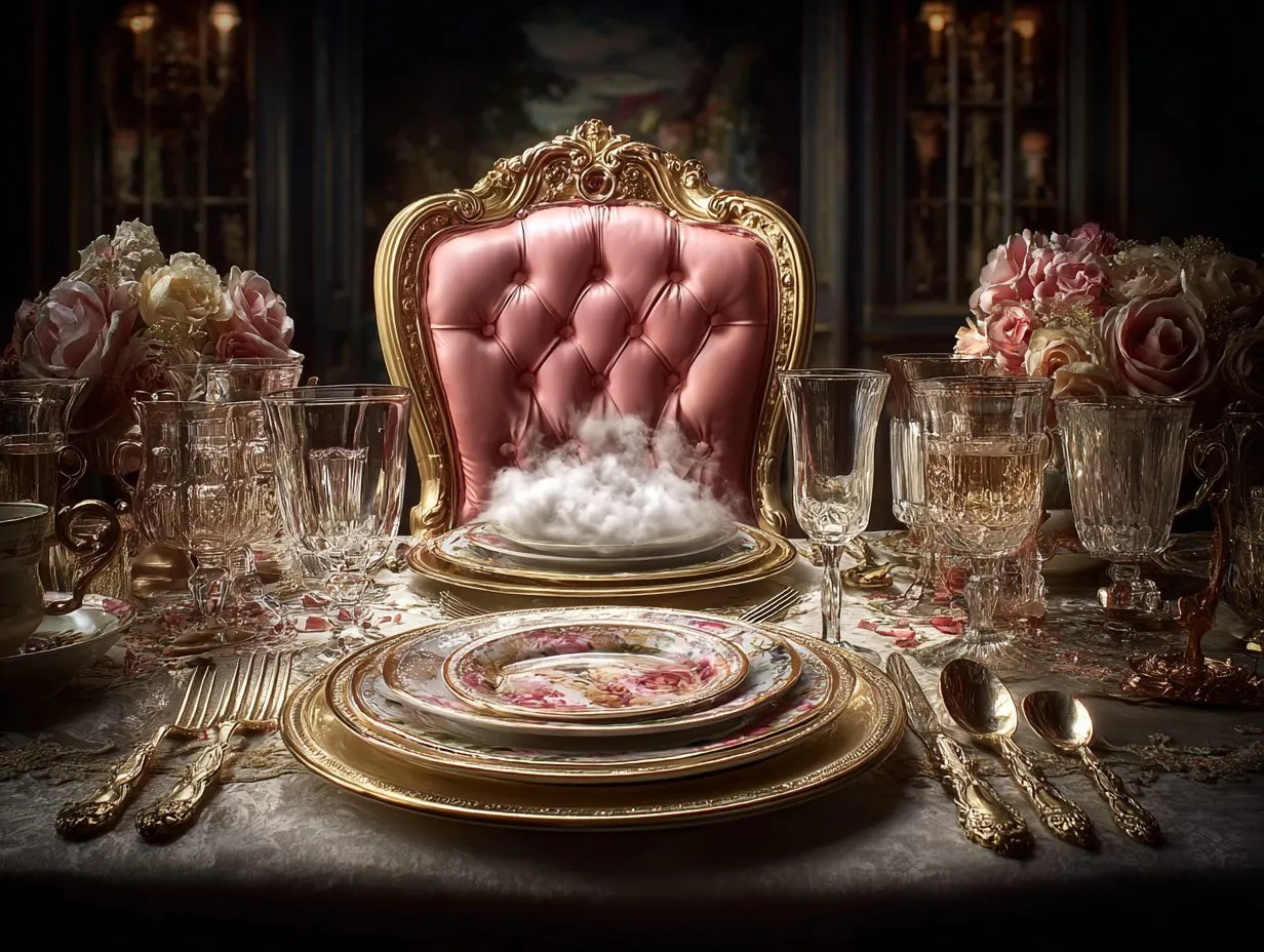 An opulent dinner table set with gold and pink, one grand chair waiting empty